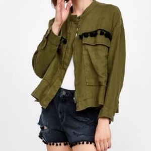 ZARA Green Zip-Up Pompom Pockets Linen Jacket